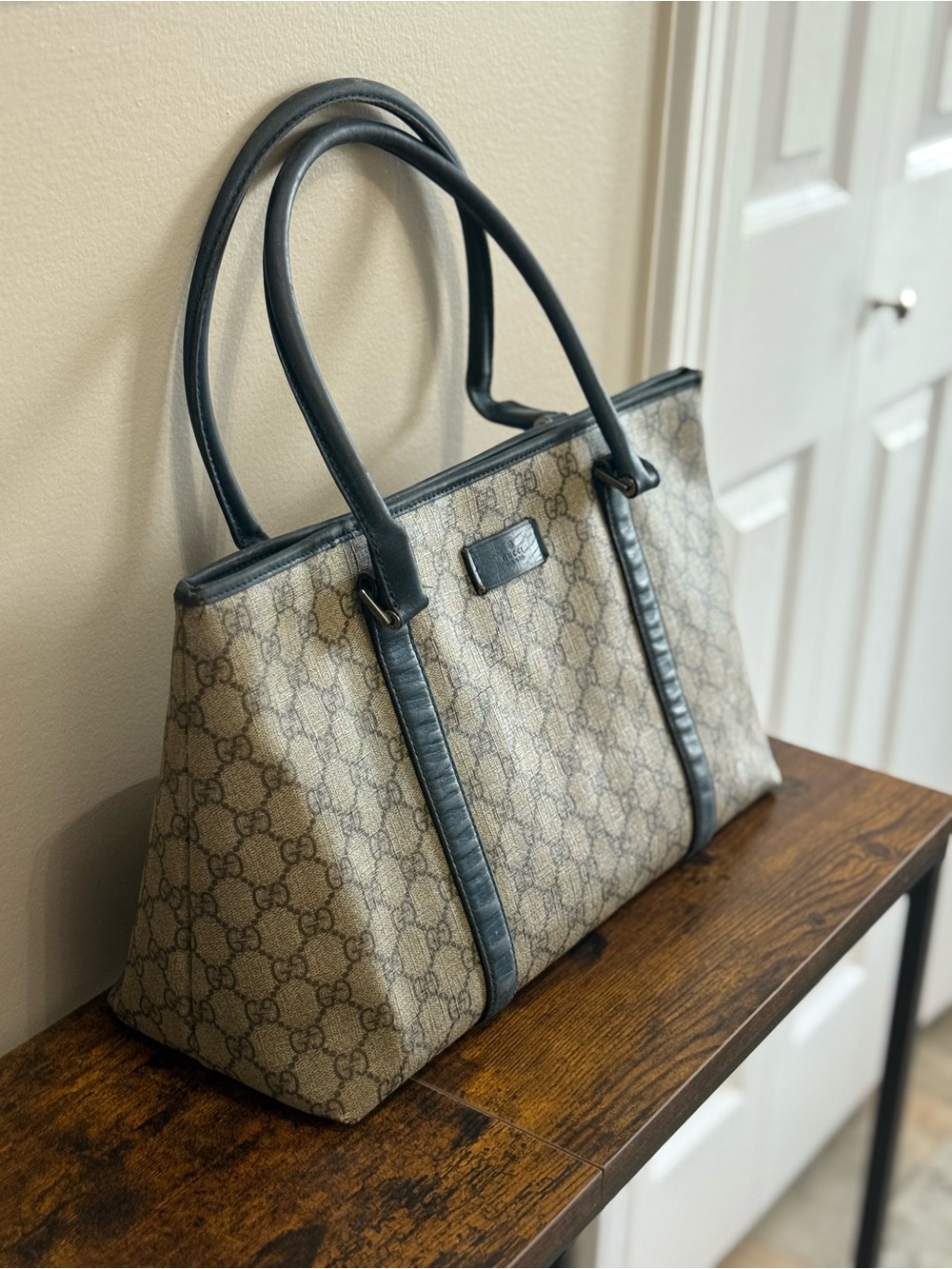 Vintage Gucci GG Canvas Tote Bag Navy Leather Trim Style 114595 234990 - Picture 3 of 16